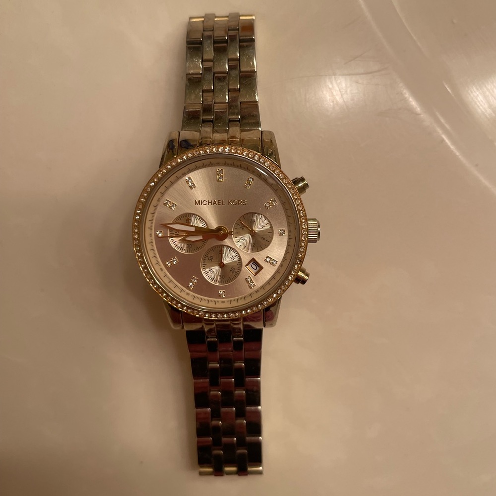 Michael Kors Women’s Ritz Stainless Steel Watch with Crystal Top Ring